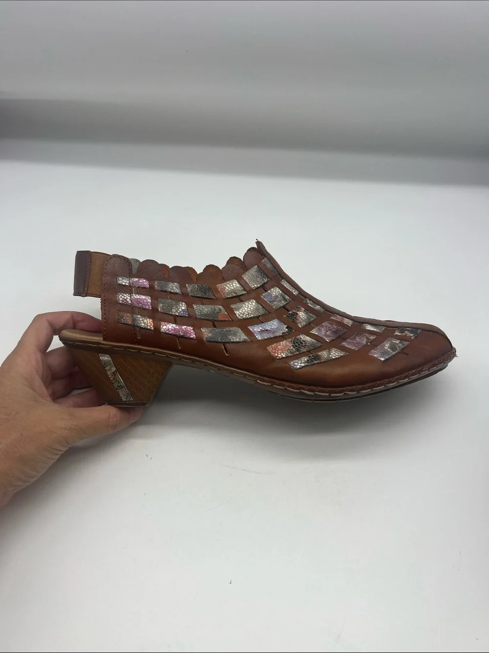 Rieker - Sina 46778 Brown Leather Multi Colored Woven Round Toe Shoes Size 41